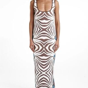 Scoop-Neck Brown and White Zebra-Pattern Maxi Dress